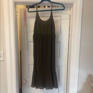 Olive Green Pleated Spaghetti Strap Midi Dress